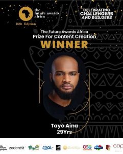 Nigeria’s Top Travel YouTuber; Tayo Aina, wins Future Award for Content Creation